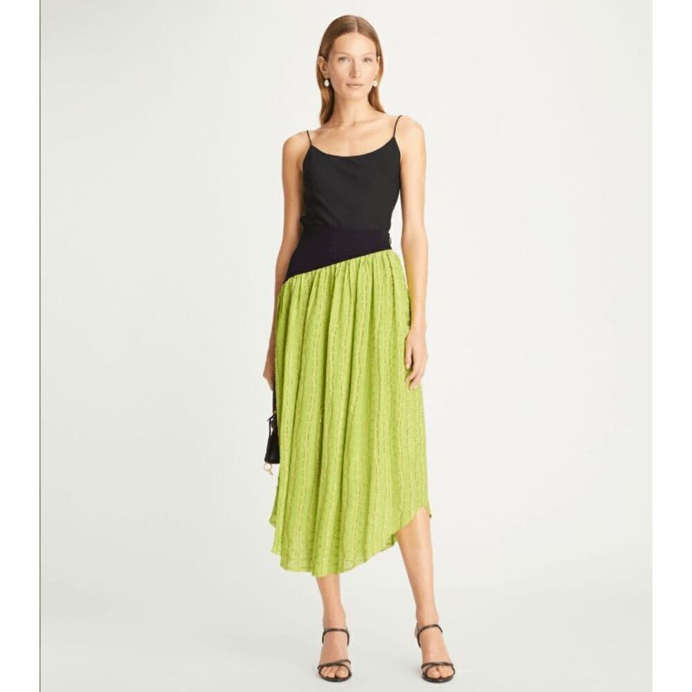 Tory Burch Colorblock Chiffon Skirt Lime with Silver Metallic Detail Size 4